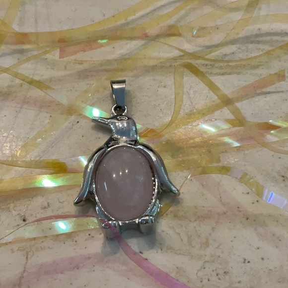 Penguin Charm Pink Quartz Pendant For Necklace Silver Tone - Picture 2 of 8